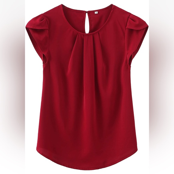 Tasamo Red Round Neck Basic Pleated Top Cap Petal Sleeves Curved loose Blouse M - Picture 3 of 10